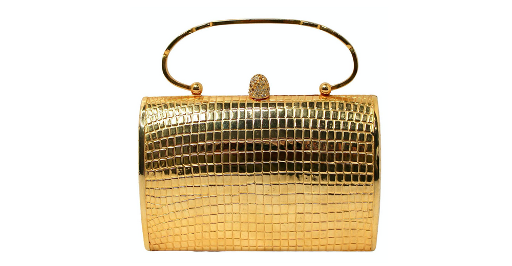 Gold-Tone Crocodile Embossed Metal Mini Clutch Bag With Top Handle circa 1960s