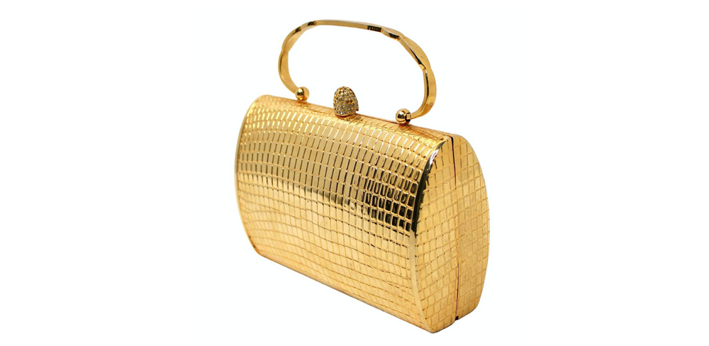 Gold-Tone Crocodile Embossed Metal Mini Clutch Bag With Top Handle circa 1960s