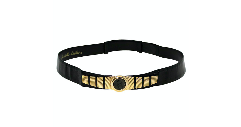 Judith Leiber Roman Coin Black Snakeskin Leather Belt circa 1980s
