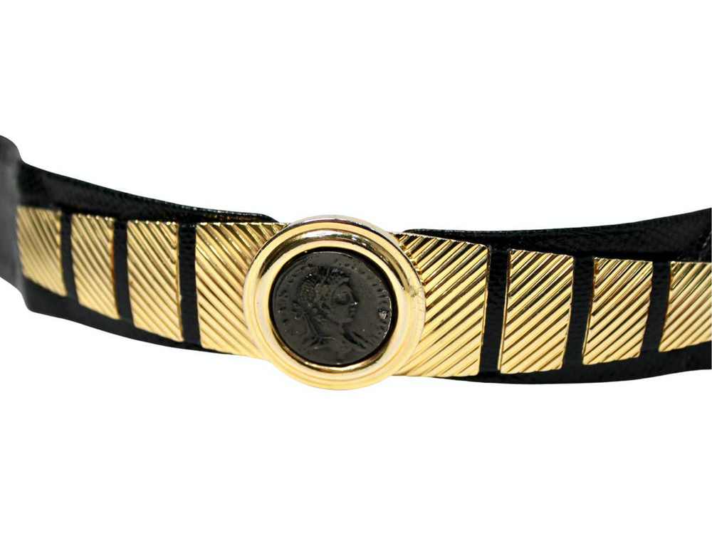 Judith Leiber Roman Coin Black Snakeskin Leather Belt circa 1980s