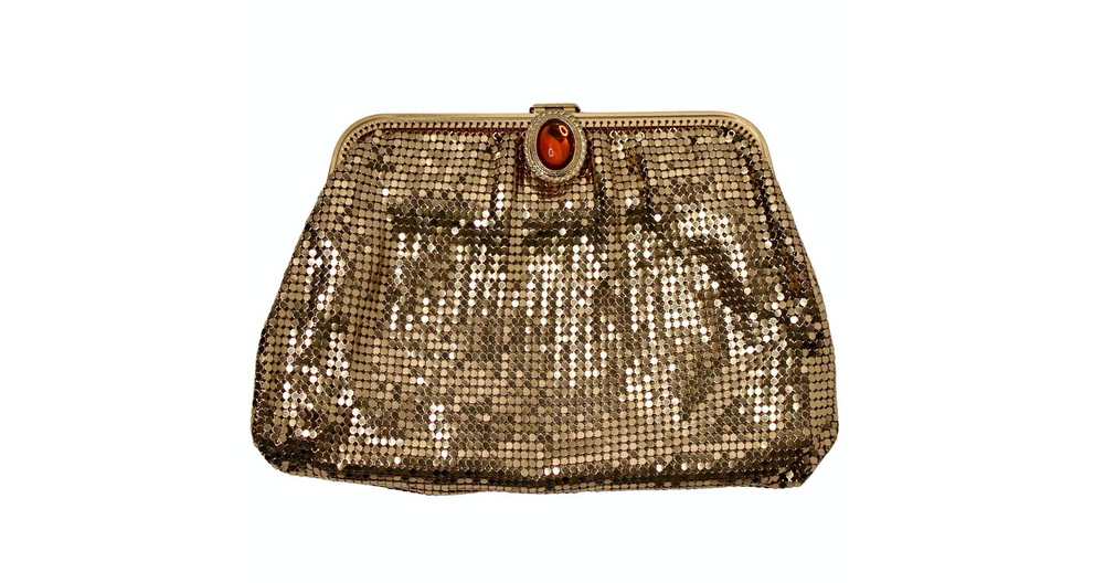 Whiting & Davis Gold-Tone Chainmail Metal Clutch Bag With Chain circa 1960s