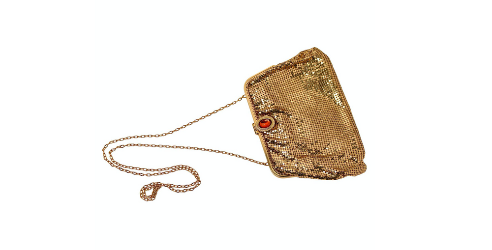 Whiting & Davis Gold-Tone Chainmail Metal Clutch Bag With Chain circa 1960s