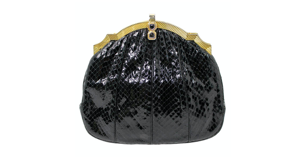 Judith Leiber Black Snakeskin Clutch With Strap circa 1980s