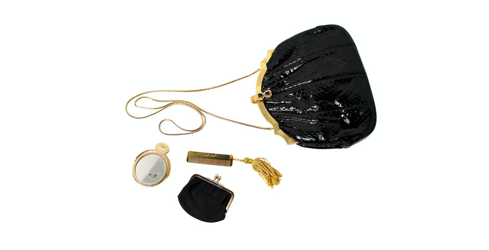 Judith Leiber Black Snakeskin Clutch With Strap circa 1980s