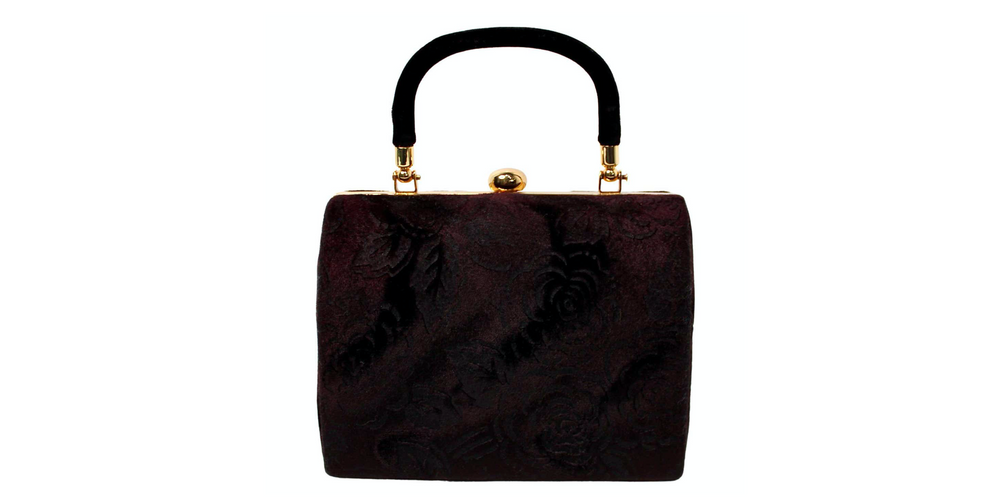 Purple Velvet Floral Print Top Handle Evening Bag With Chain circa 1960s