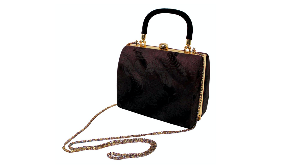 Purple Velvet Floral Print Top Handle Evening Bag With Chain circa 1960s