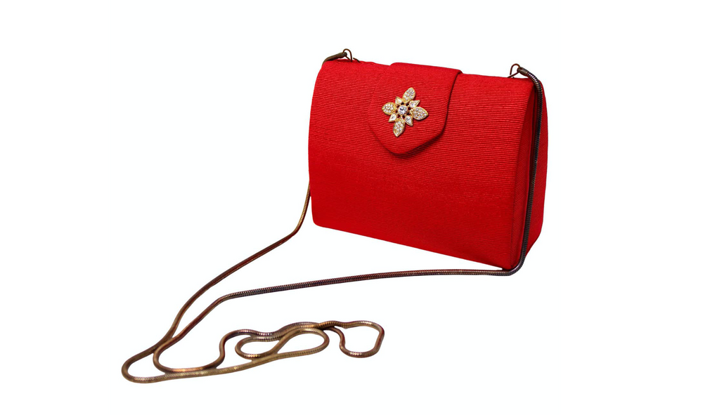 Red Ribbed & Crystal Embellished Evening Clutch Bag With Chain circa 1960s