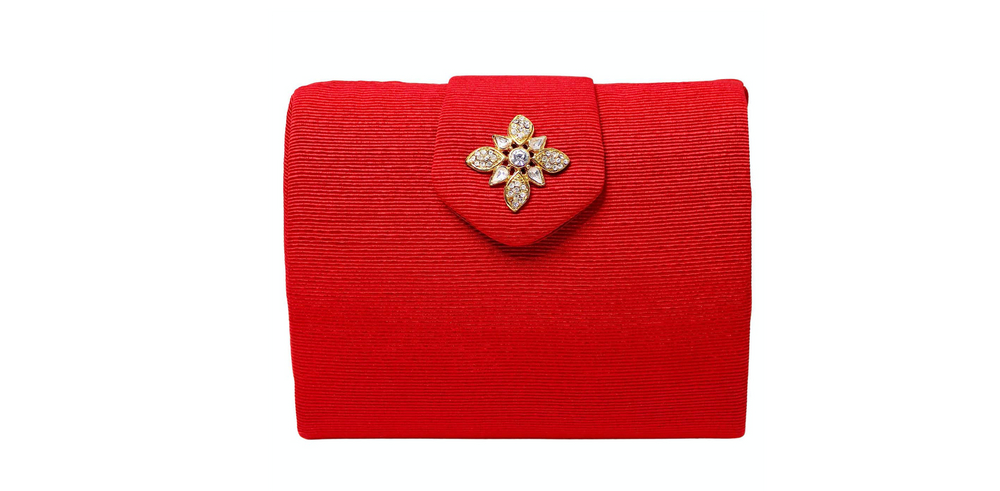 Red Ribbed & Crystal Embellished Evening Clutch Bag With Chain circa 1960s