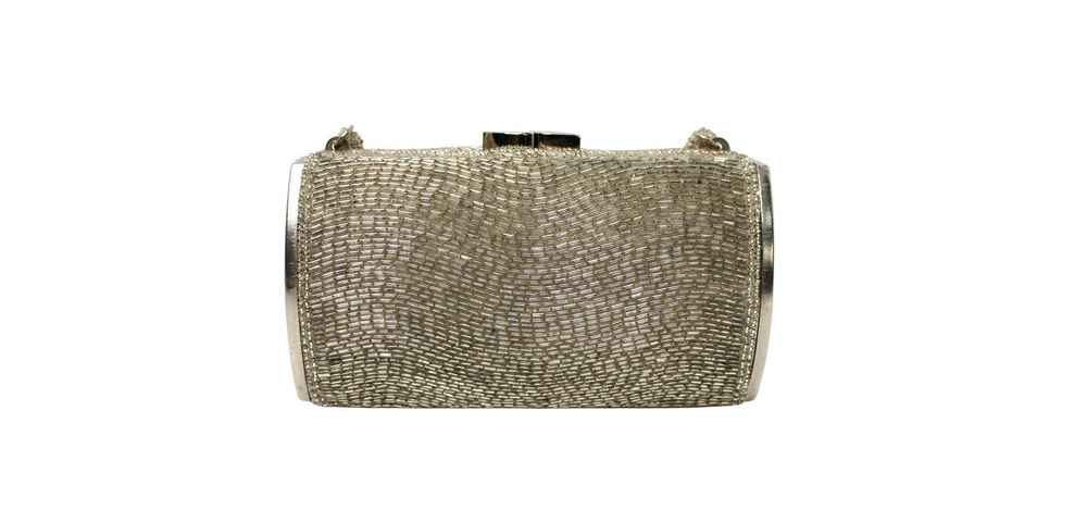 Joseph Magnin Co. Silver-Tone Beaded Cylindrical Mini Evening Bag circa 1960s