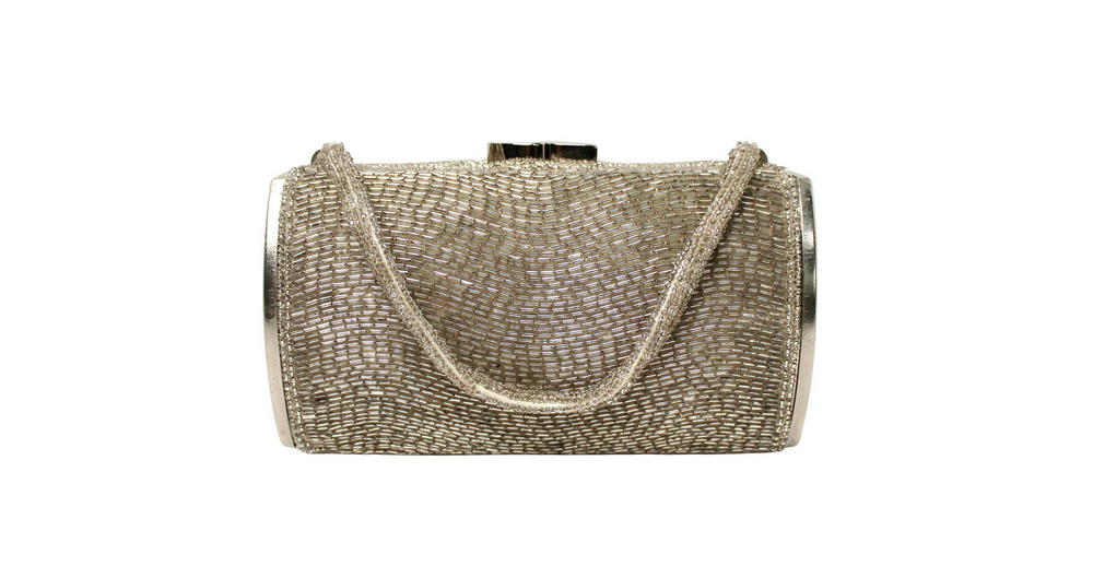 Joseph Magnin Co. Silver-Tone Beaded Cylindrical Mini Evening Bag circa 1960s