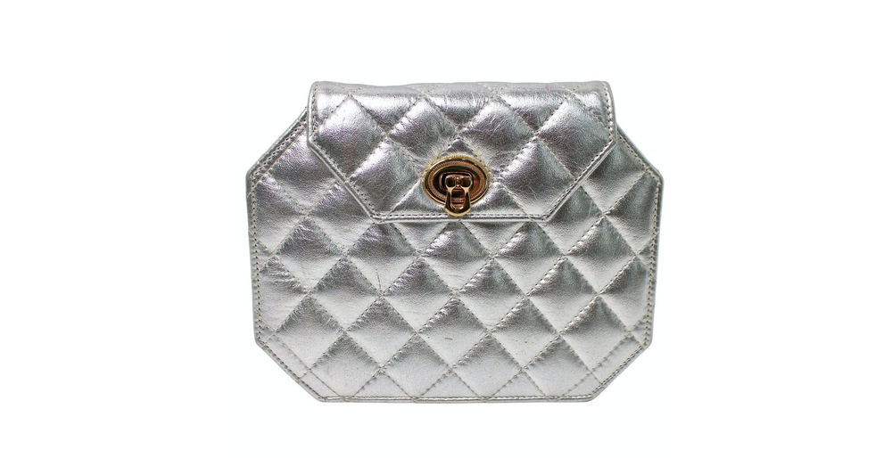 Silver Metallic Quilted Leather Clutch With Chain circa 1980s