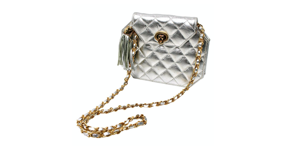 Silver Metallic Quilted Leather Clutch With Chain circa 1980s