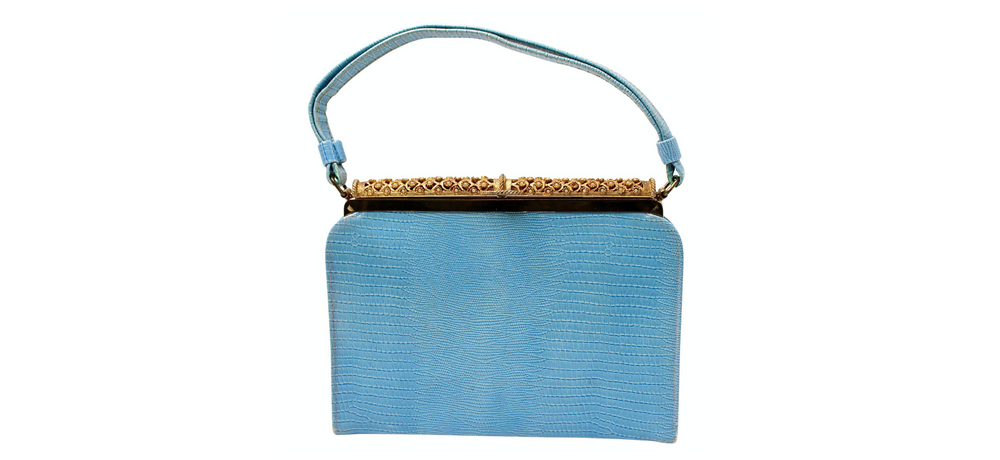 Blue Lizard Embossed Handbag With Gold-Tone Ornate Frame circa 1960s