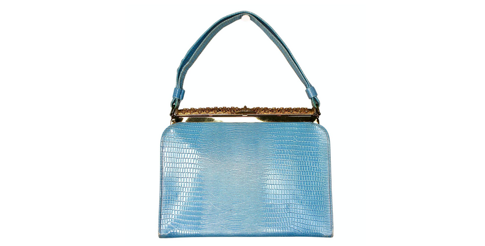 Blue Lizard Embossed Handbag With Gold-Tone Ornate Frame circa 1960s