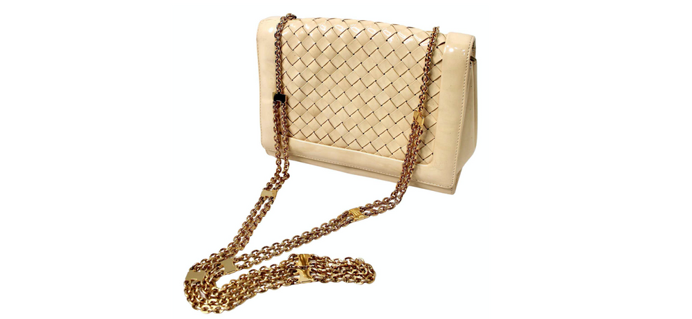 Bottega Veneta Beige Intrecciato Patent Leather Crossbody Handbag circa 1960s