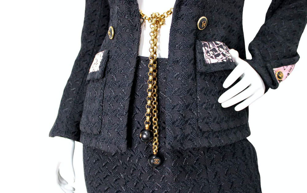 Chanel Black Tweed Houndstooth & Pink Print Jacket & Skirt Suit Set 1993