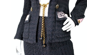 Chanel Black Tweed Houndstooth & Pink Print Jacket & Skirt Suit