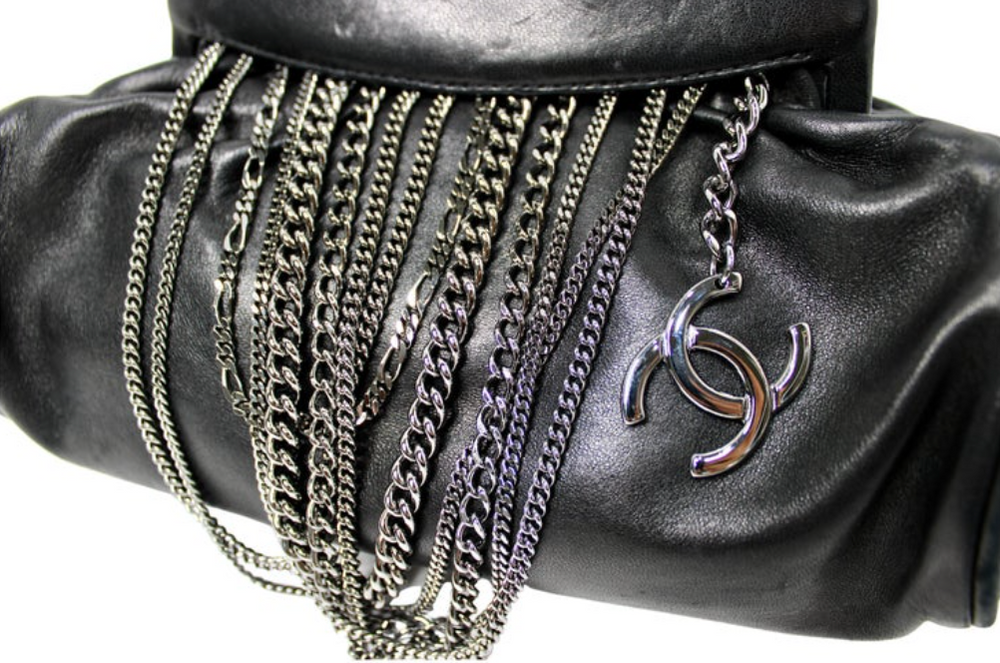 Chanel Black Lambskin Leather Chain Fringe Clutch circa 2003