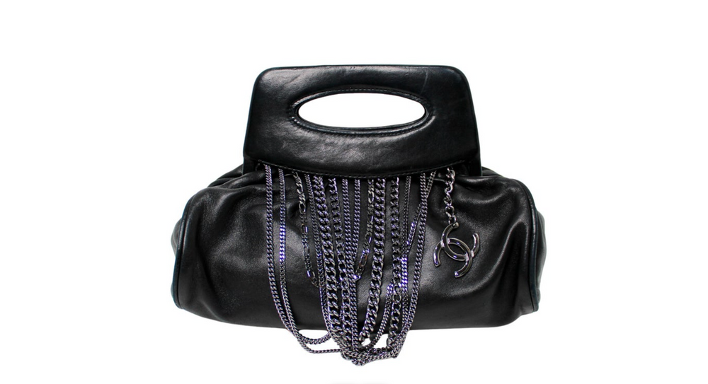 Chanel Black Lambskin Leather Chain Fringe Clutch circa 2003
