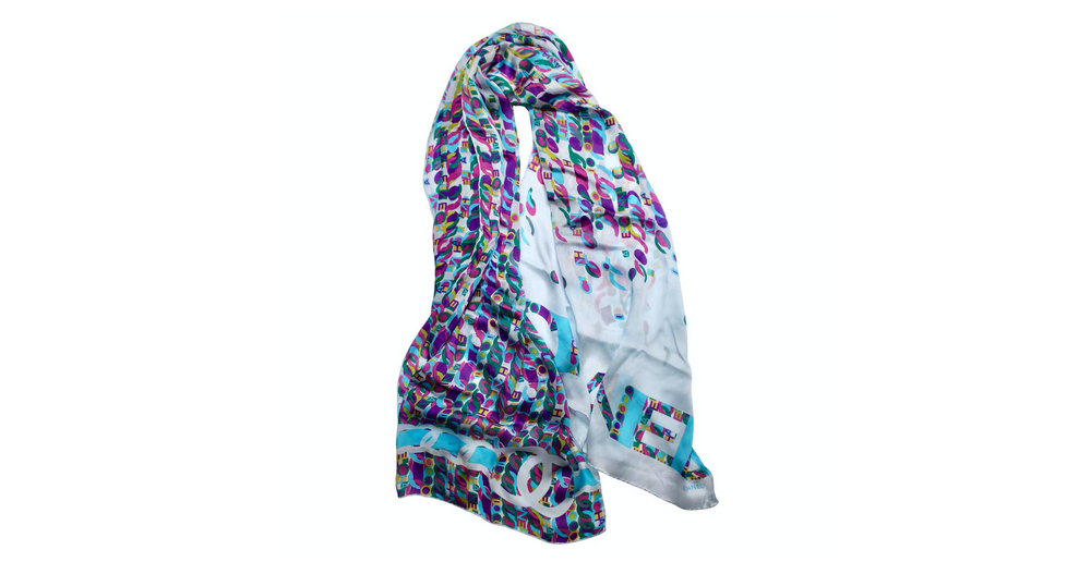 Chanel Blue Silk Multicolor Logo Print Scarf – Vintage by Misty