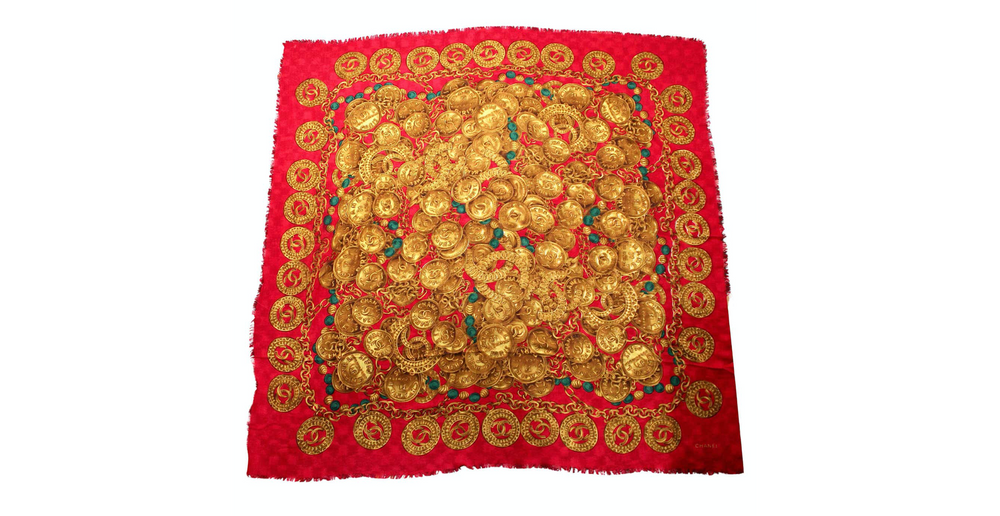 Chanel Red Medallion Logo Print Linen Scarf circa 1980s – Vintage