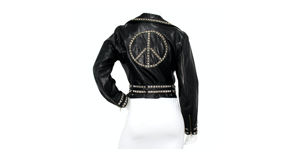 Moschino Cheap & Chic Peace Sign Studded Belted Black Leather