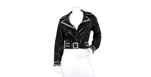 Moschino Cheap & Chic Peace Sign Studded Belted Black Leather