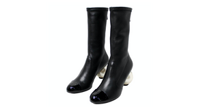 Chanel Black Lambskin & Patent Leather Mid-Calf Pearl Logo Heel