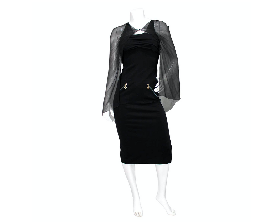 Chanel Black Sleeveless Coco Mark Zip Dress With Silk Cape circa
