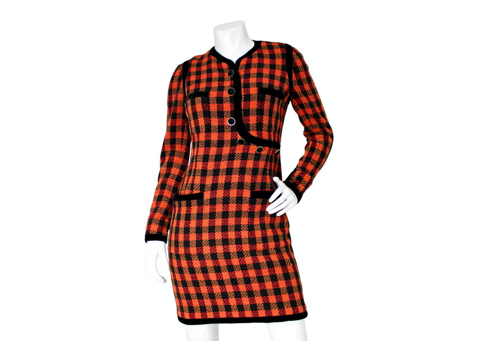 chanel long sleeve dress Chanel Black & Orange Plaid Tweed & Velvet Long-Sleeve Dress circa 198 –  Vintage by Misty