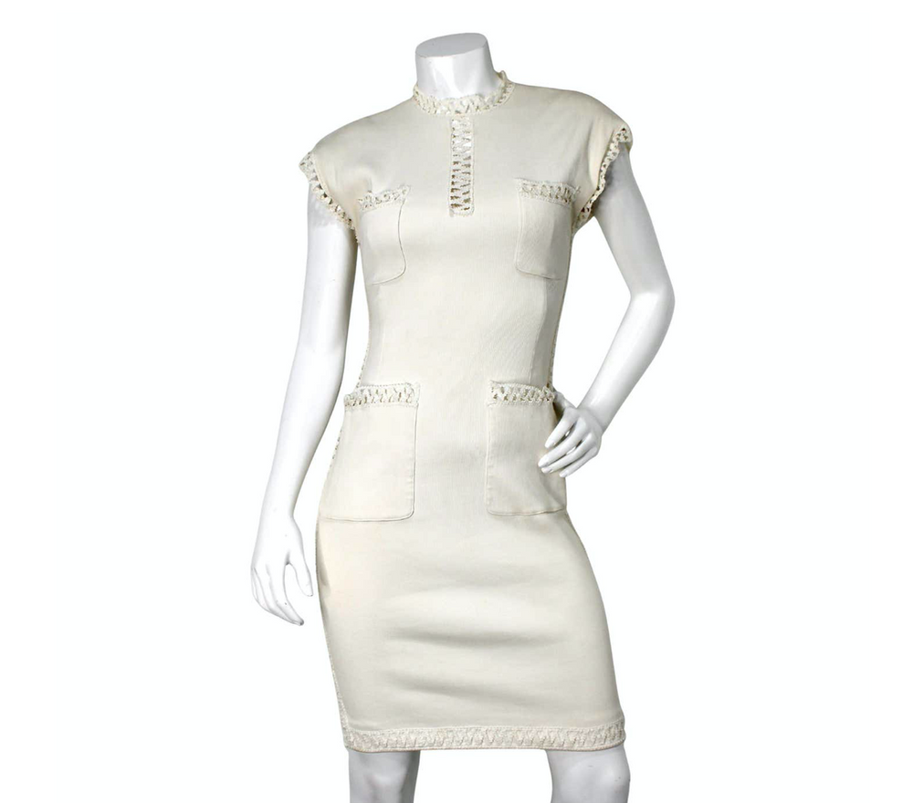 cream chanel tweed dress CHANEL Tweed Cream Sequin Mini Dress