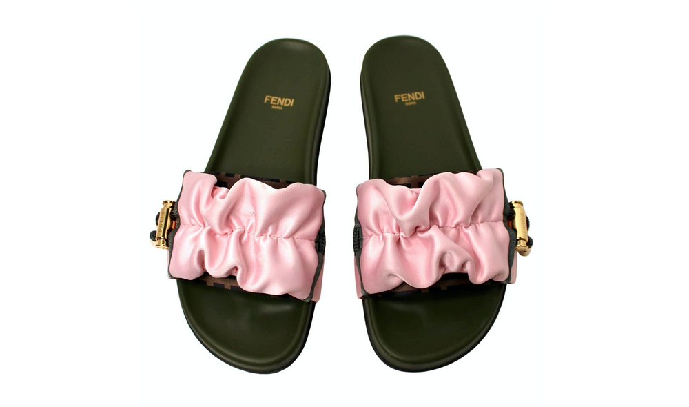 Fendi Veritgo Green & Pink Satin Slides – Vintage by Misty
