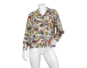 1980s Hermes Mineraux Geo Rock Print Silk Printed Button-Up Top