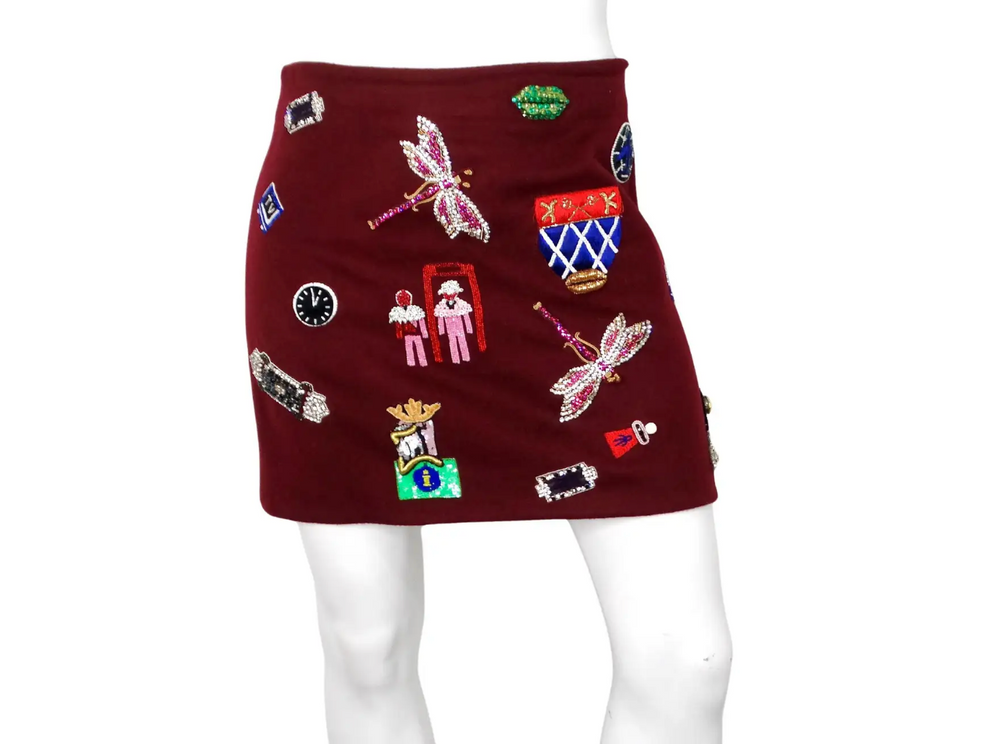 Mary Katrantzou Burgundy Wool Patch Mini Skirt