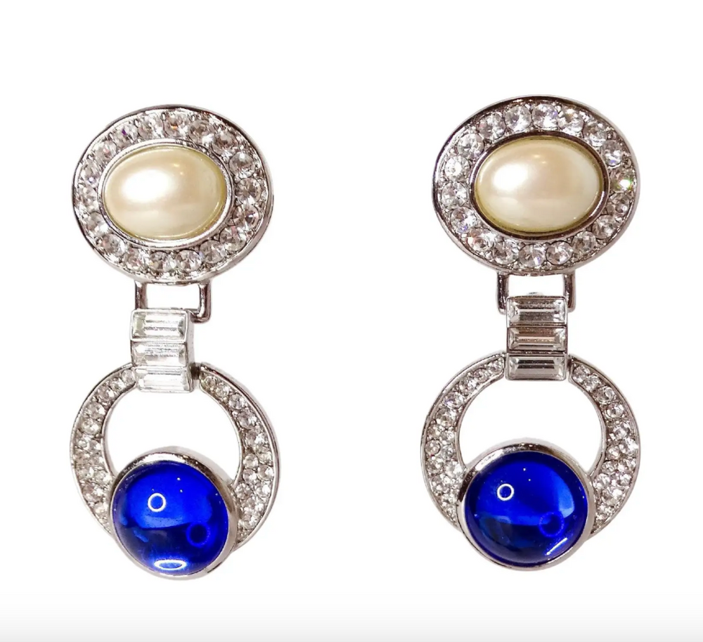 1990s Yves Saint Laurent Crystal Encrusted Faux Sapphire Pearl Clip-On Earrings