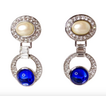 1990s Yves Saint Laurent Crystal Encrusted Faux Sapphire Pearl Clip-On Earrings