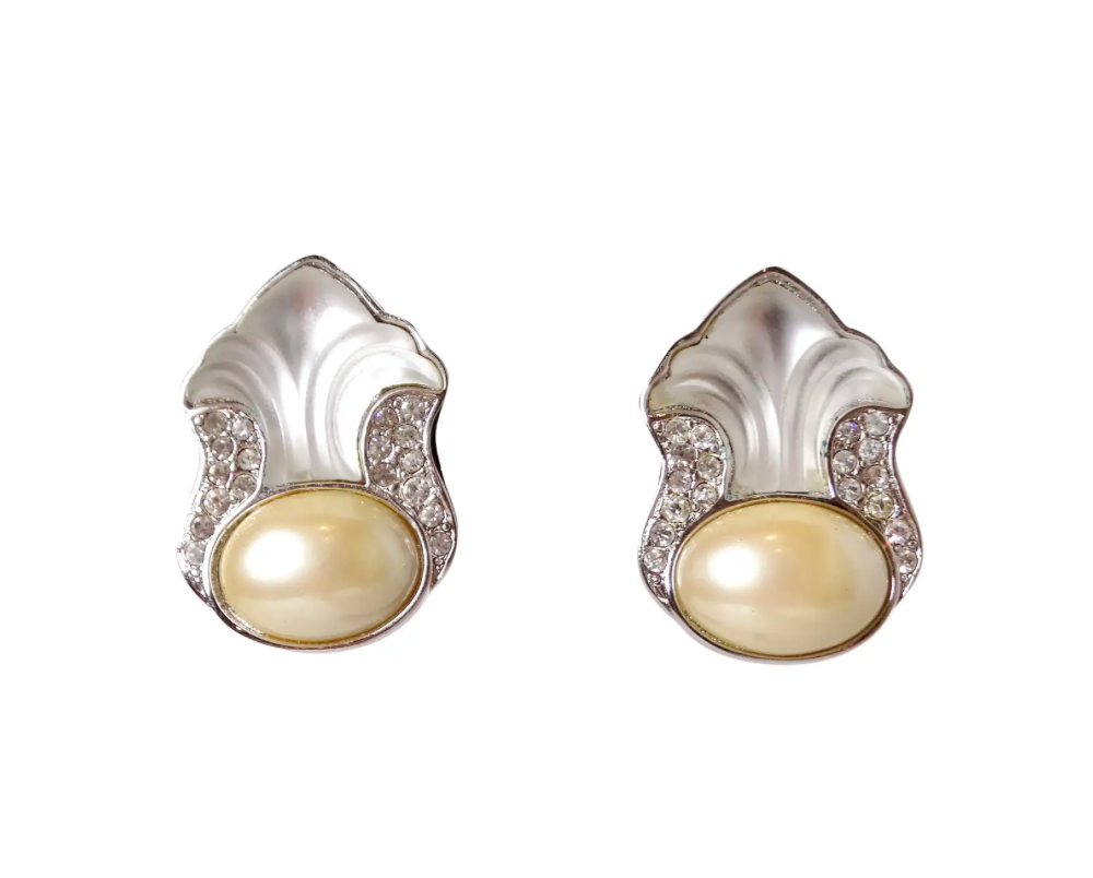 1980s Yves Saint Laurent Crystal & Costume Pearl Clip-On Earrings