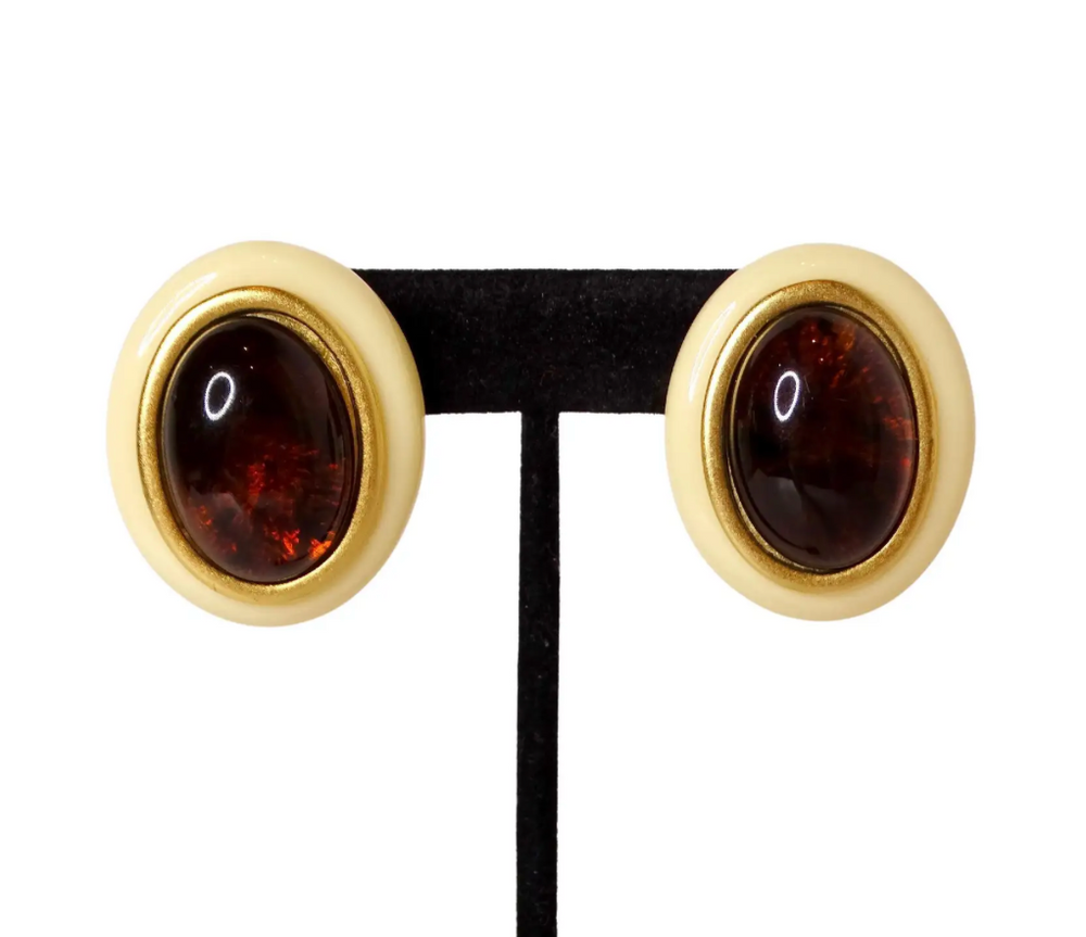 1980s Yves Saint Laurent Resin Costume Amber Cabochon Clip-On Earrings