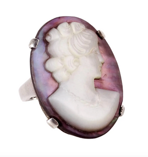 Art Nouveau Oval Iridescent Purple Shell & Sterling Silver Cameo Ring