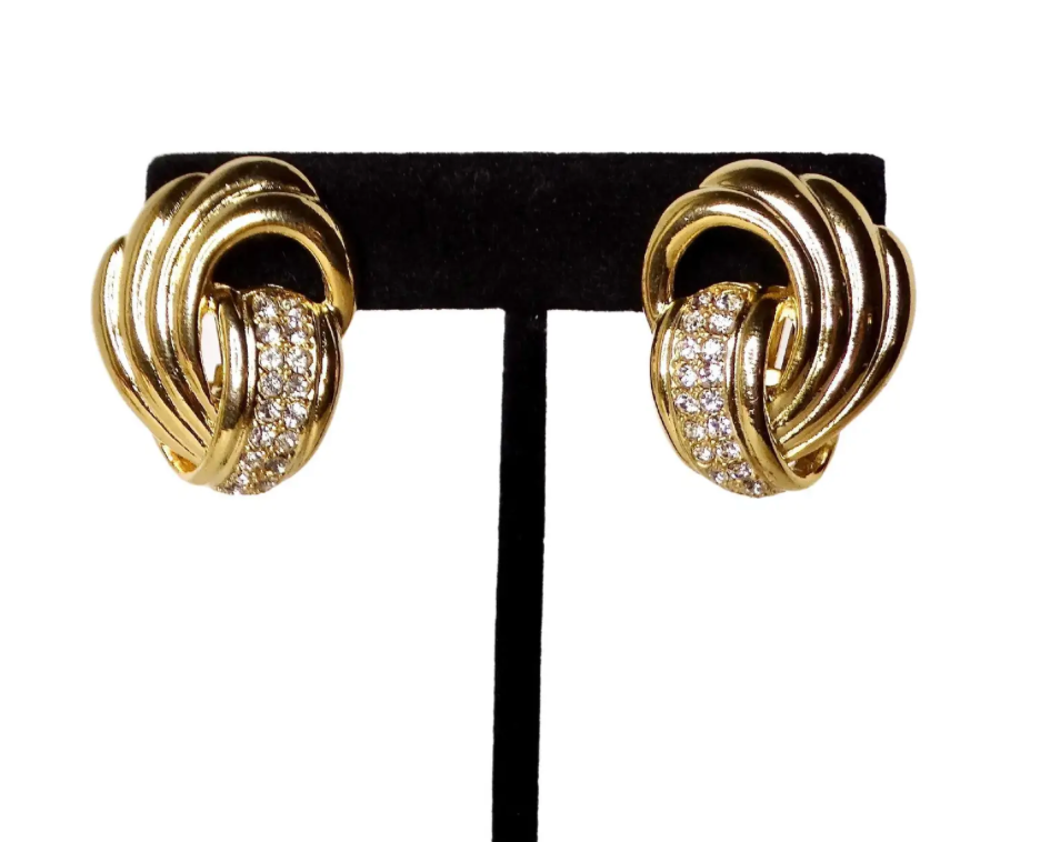 1980s Tiffany Inspired 18k Gold Plated Knot & Crystal Clip-On Earrings