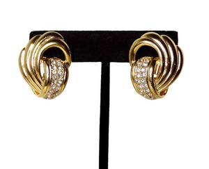 1980s Tiffany Inspired 18k Gold Plated Knot & Crystal Clip-On Earrings