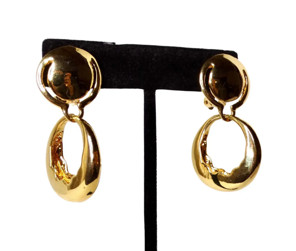 1980s YSL Inspired Door Knocker Style 18k Yellow Gold Plated Earrings