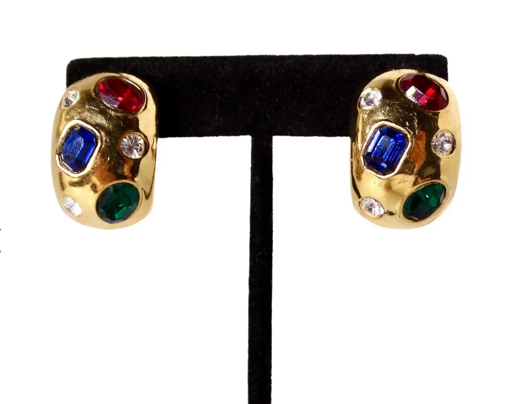 1980s Ciner Chunky Costume Gemstone 14k Gold Plated Clip-On Earrings