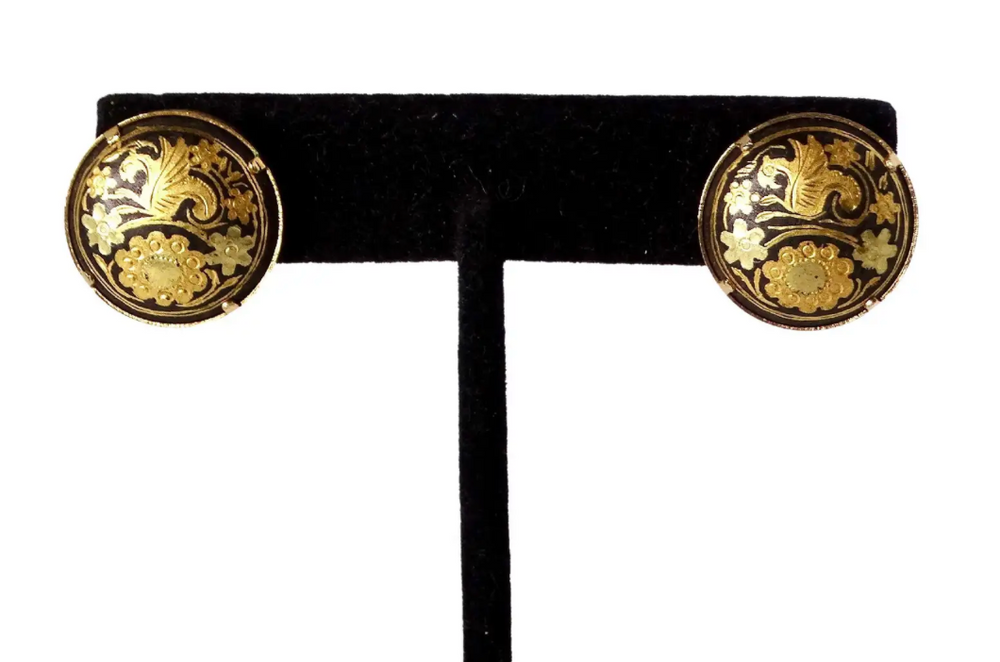 Vintage Handmade Damascene Spain 18k Gold Plated Clip-On Earrings