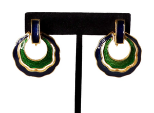 1980s David Webb Inspired Blue & Green Enamel 18k Gold Plated Earrings