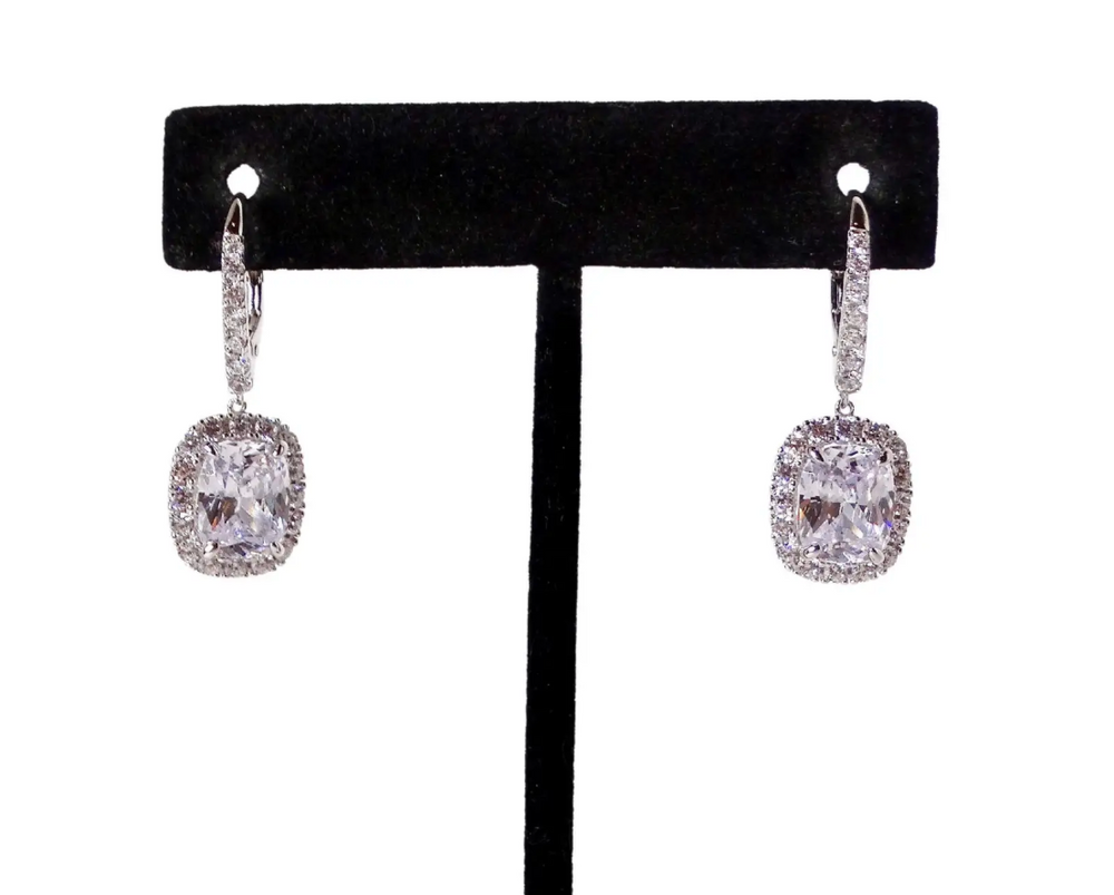 Vintage Sterling Silver Crystal Encrusted Drop Hoop Earrings