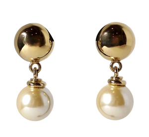 1980s Large Costume Pearl Drop 14k Gold Plated Clip-On Earrings