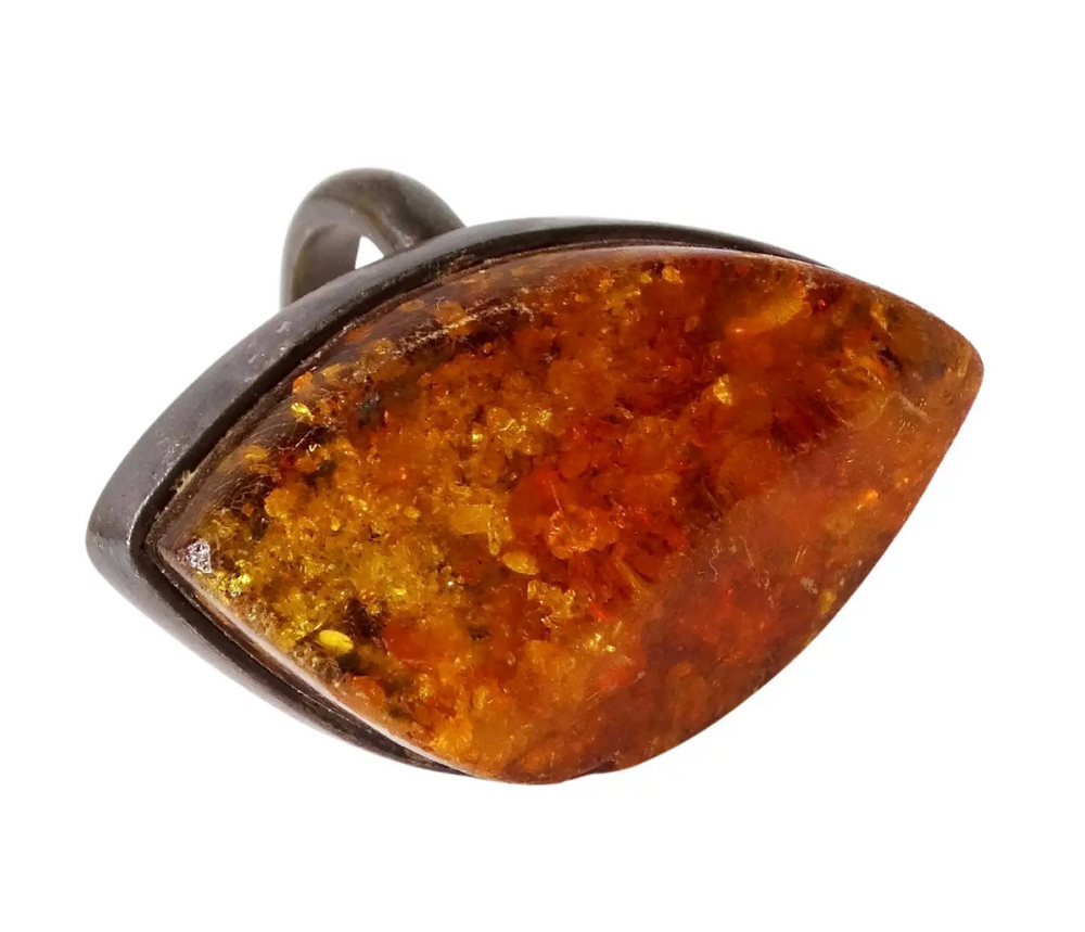 Vintage Large Costume Polished Amber Metal Cocktail Ring