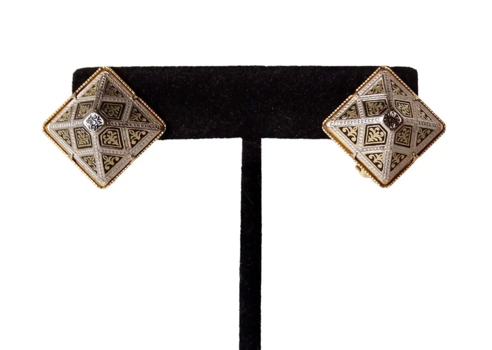 Vintage Spanish Damascene Black & 14k Gold Plated Pyramid Earrings