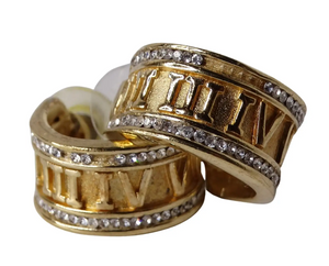Vintage Roman Numeral Rhinestone & 14k Gold Plated Hoop Earrings